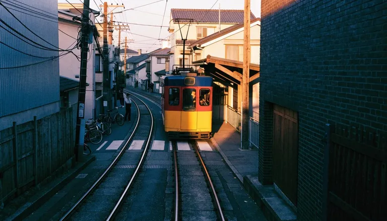 A colorful two-car Setagaya Line tram approaching a narrow level crossing in Sangenjaya at golden hour
