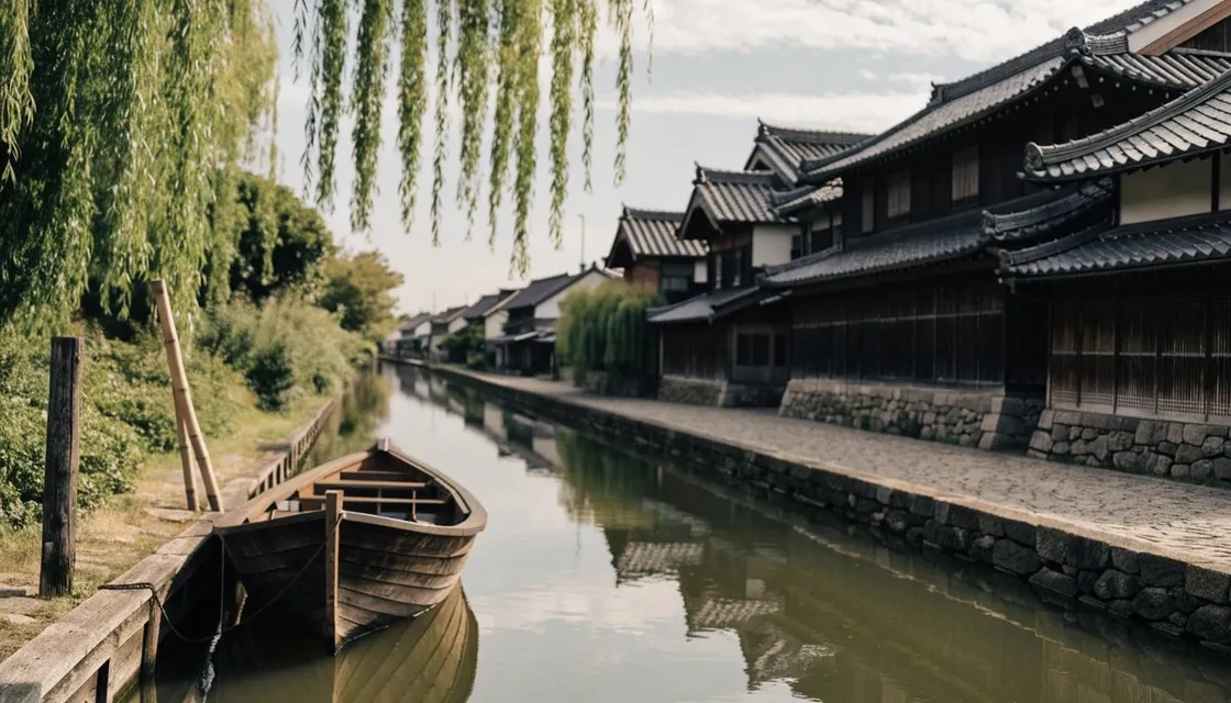 A quiet canal in Sawara with a small wooden boat moored beside willow trees and old merchant houses with dark tiled roofs