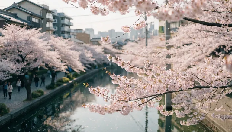 東京の運河沿いに満開に咲く桜