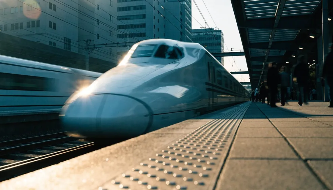 A white Shinkansen bullet train arriving at a Shinagawa station platform in early morning light