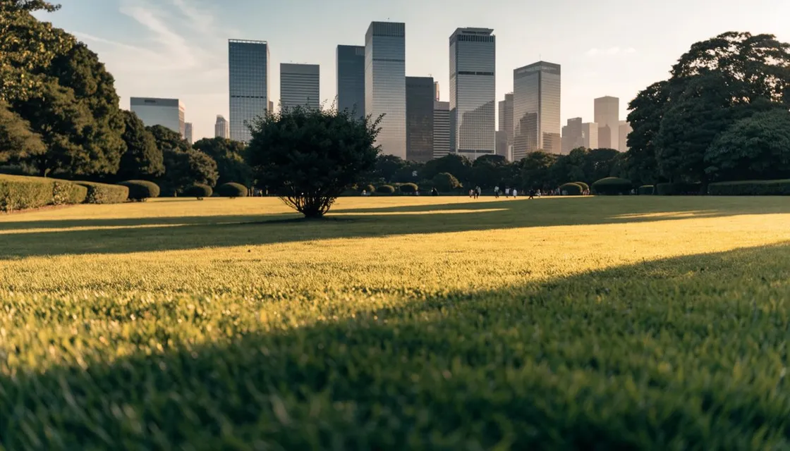 A wide green lawn in Shinjuku Gyoen park with the Shinjuku skyscraper skyline rising behind at golden hour