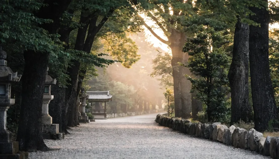 朝のやわらかい光の中、背の高い木々に囲まれた東京の静かな参道