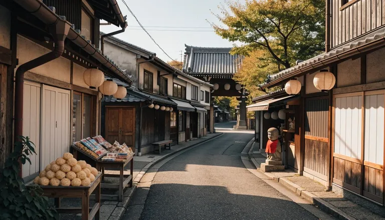 秋の日差しが差す静かな古い商店街。提灯が下がり、白い丸い和菓子が並ぶ台、赤い前掛けの石のお地蔵さま、奥に寺の門が見える