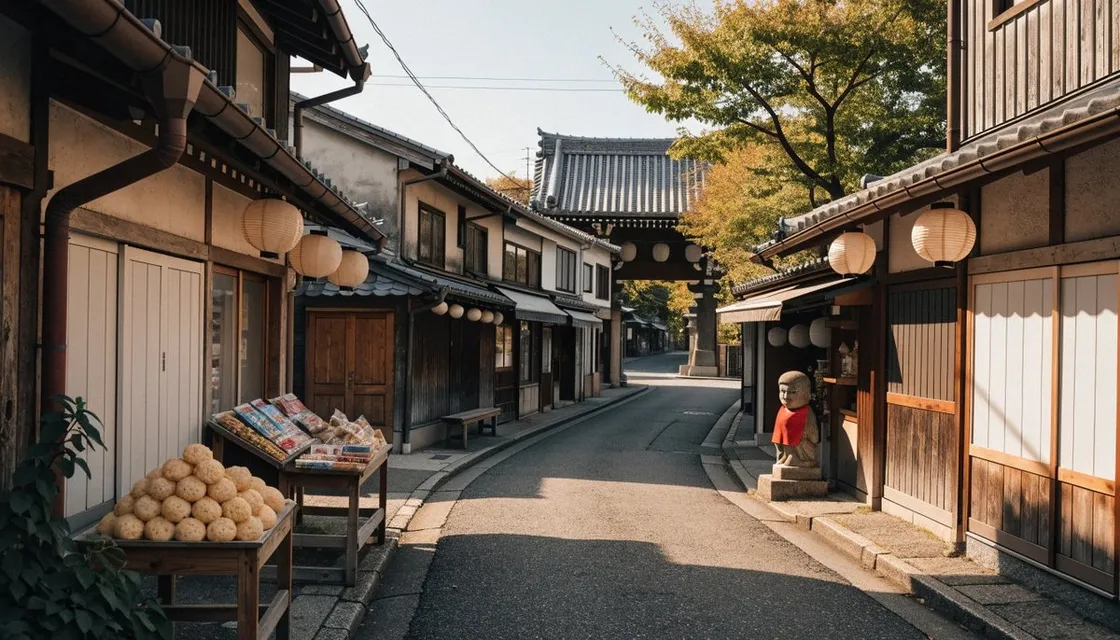 秋の日差しが差す静かな古い商店街。提灯が下がり、白い丸い和菓子が並ぶ台、赤い前掛けの石のお地蔵さま、奥に寺の門が見える