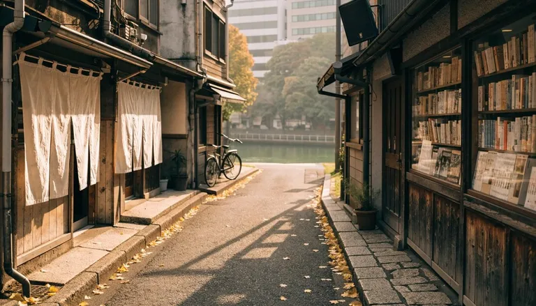 秋の朝の高田馬場の静かな路地。白いのれん、本屋のショーウィンドウ、止められた自転車、通りの先に神田川が見える