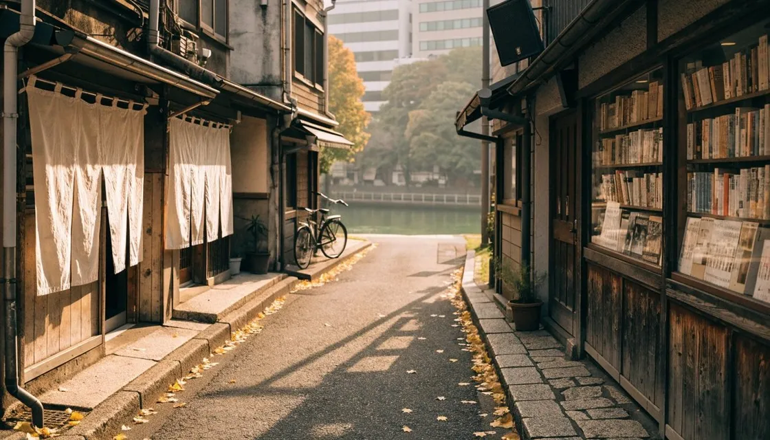 秋の朝の高田馬場の静かな路地。白いのれん、本屋のショーウィンドウ、止められた自転車、通りの先に神田川が見える