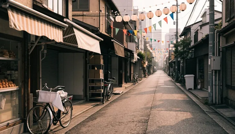 やわらかな光の中、小さな店が続く細長い商店街。自転車が何台か止まり、頭上に提灯と旗が連なる
