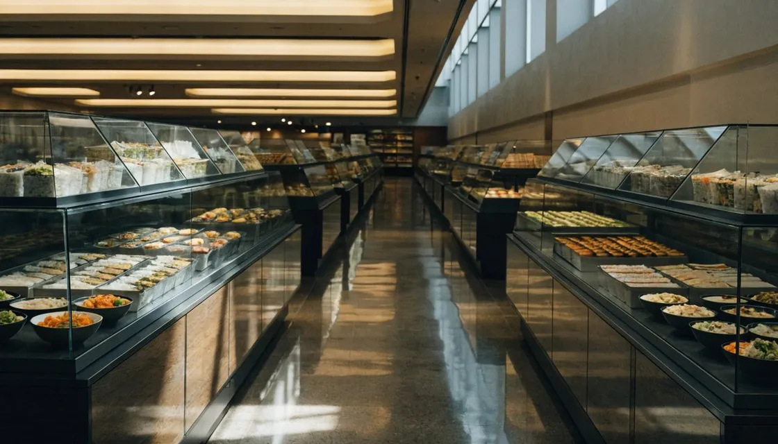 百貨店の食品売り場の通路。両側のガラスケースに惣菜が整然と並び、あたたかい照明が当たっている