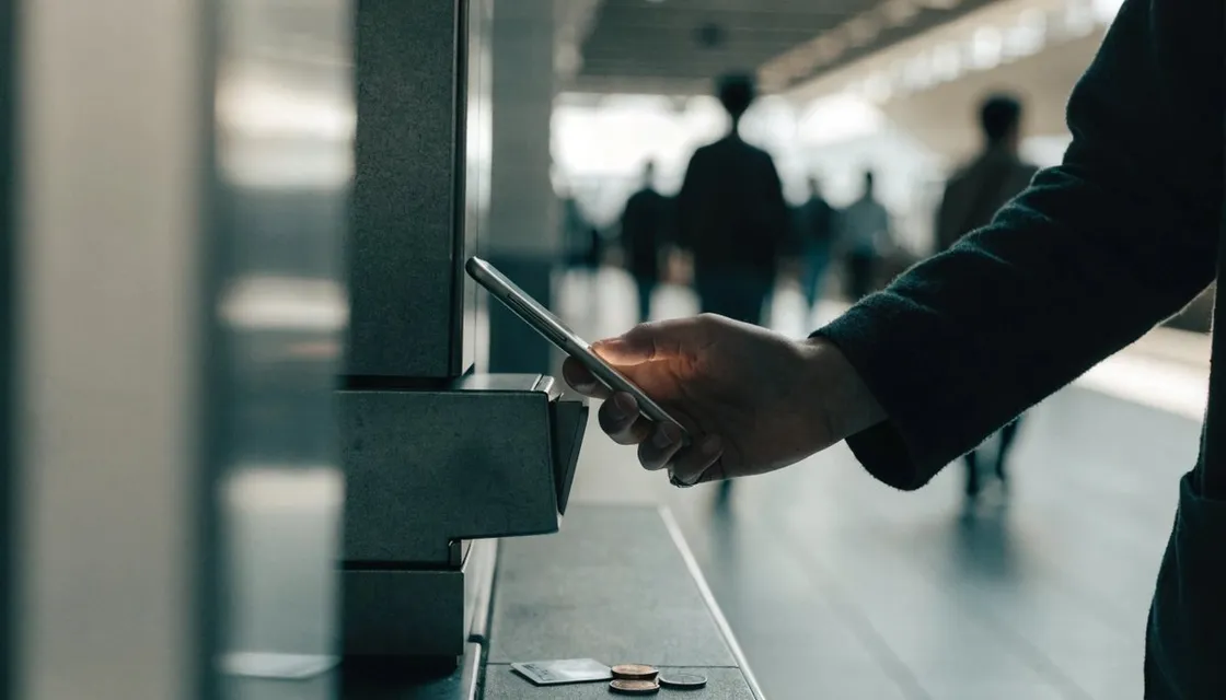 東京の駅の改札にスマートフォンをかざして支払う様子。近くにICカードと小銭
