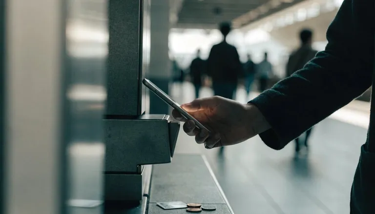 東京の駅の改札にスマートフォンをかざして支払う様子。近くにICカードと小銭
