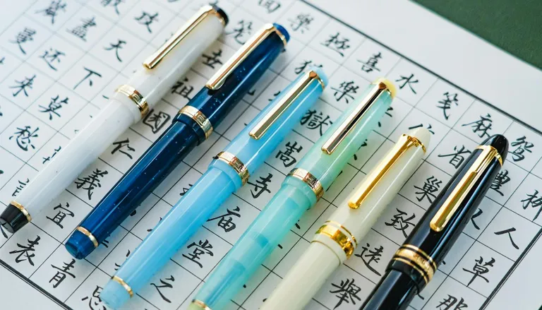手書きの文字の上に並べられた色とりどりの万年筆