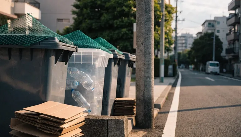 朝の静かな東京の住宅街に並ぶ、ラベルの付いた資源ゴミと燃えるゴミの収集ボックス