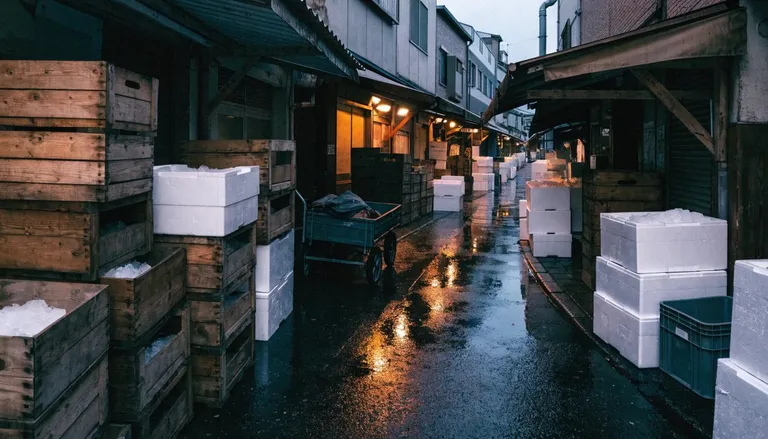 Early morning light over a Tokyo market street, crates and awnings still wet, before the crowds arrive