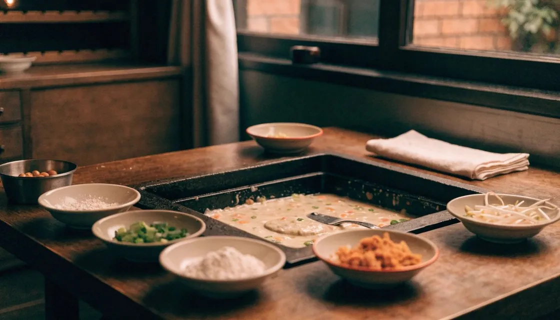 A griddle table with monjayaki being cooked with small metal spatulas in a casual Tokyo restaurant