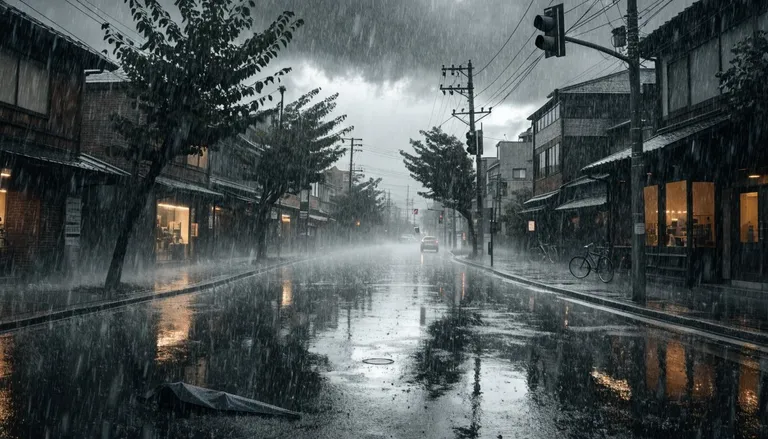 激しい雨が降る人けのない東京の路地。店の灯りが水浸しのアスファルトに映っている