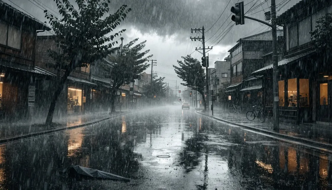Heavy rain falling on an empty Tokyo side street, shop lights reflecting on the flooded asphalt