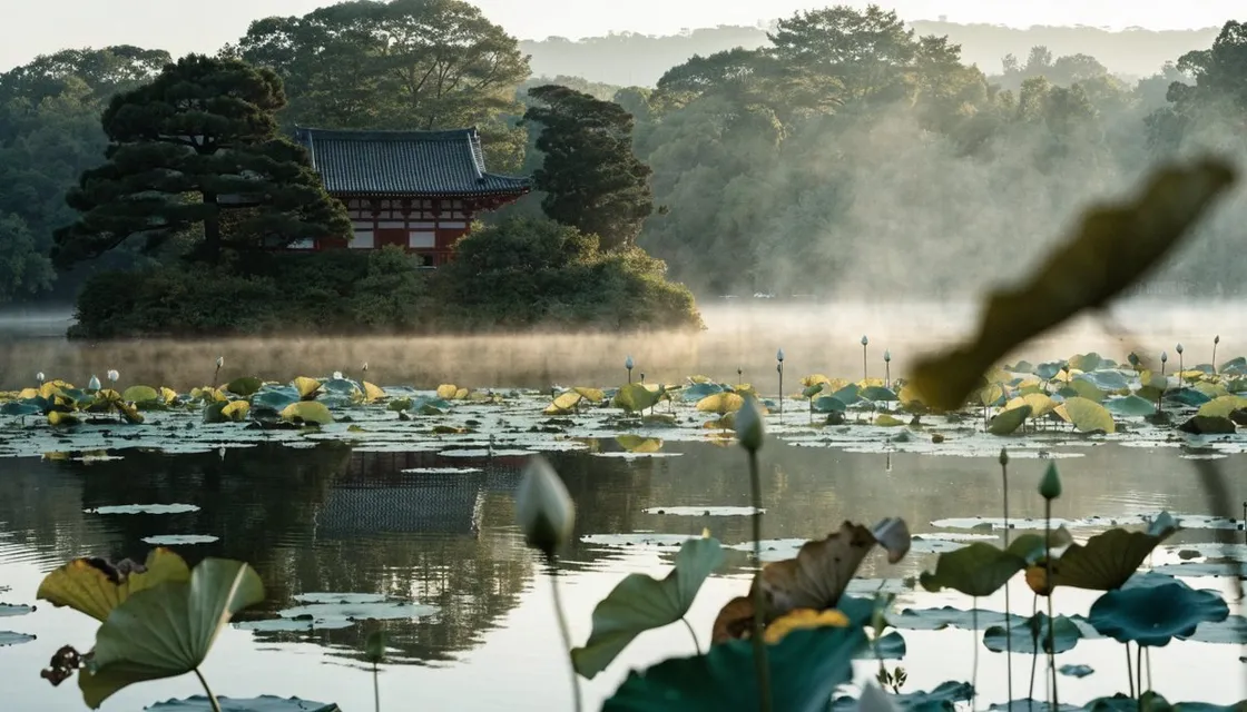 A misty lotus pond at Ueno Shinobazu with a small red temple hall at dawn