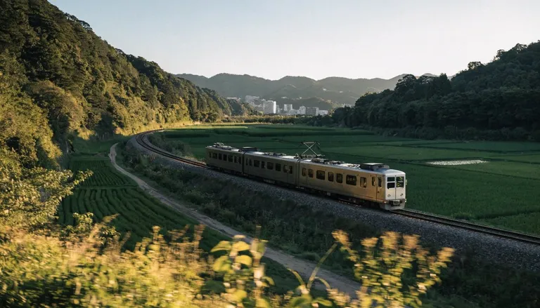 東京西部の緑の田畑を抜けて森の山へ向かうローカル線の電車。遠くに小さく街並みが見える