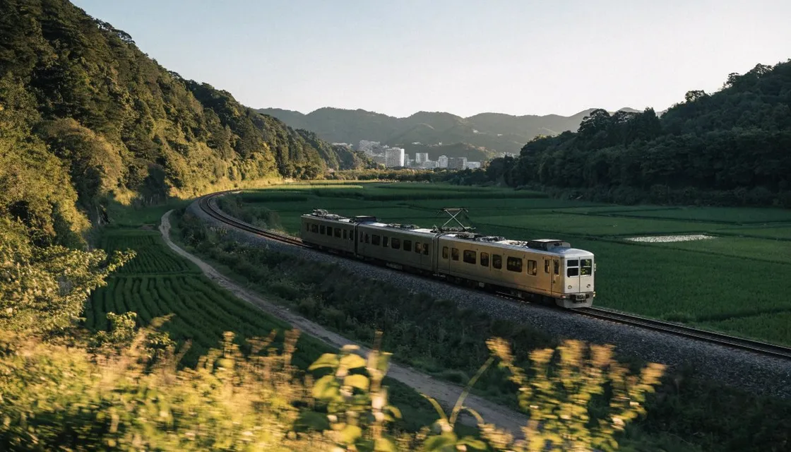 東京西部の緑の田畑を抜けて森の山へ向かうローカル線の電車。遠くに小さく街並みが見える