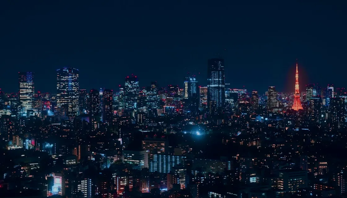 夜の東京の街並み、右手に赤く光る東京タワー