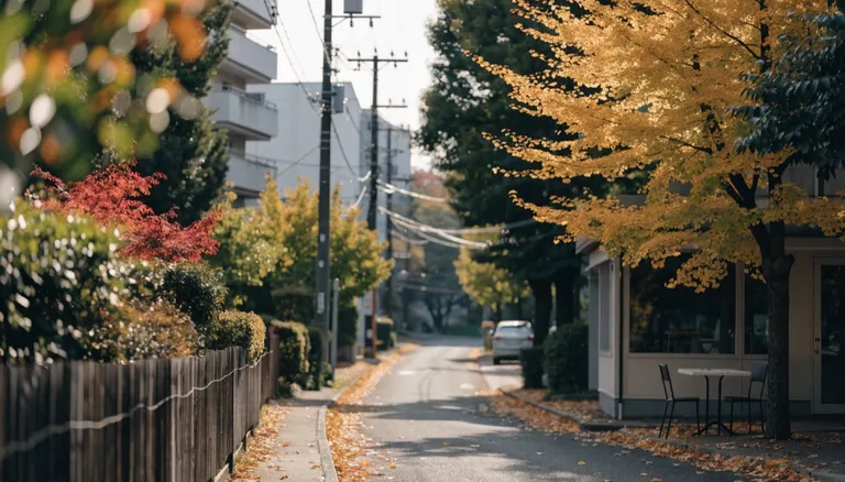 イチョウが黄金色に色づく東京の静かな路地。テラス席のある小さなカフェが並ぶ