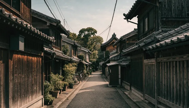 谷中の低層住宅街の細い路地。木造の家と鉢植えが両側に並び、奥に寺の屋根が見える風景