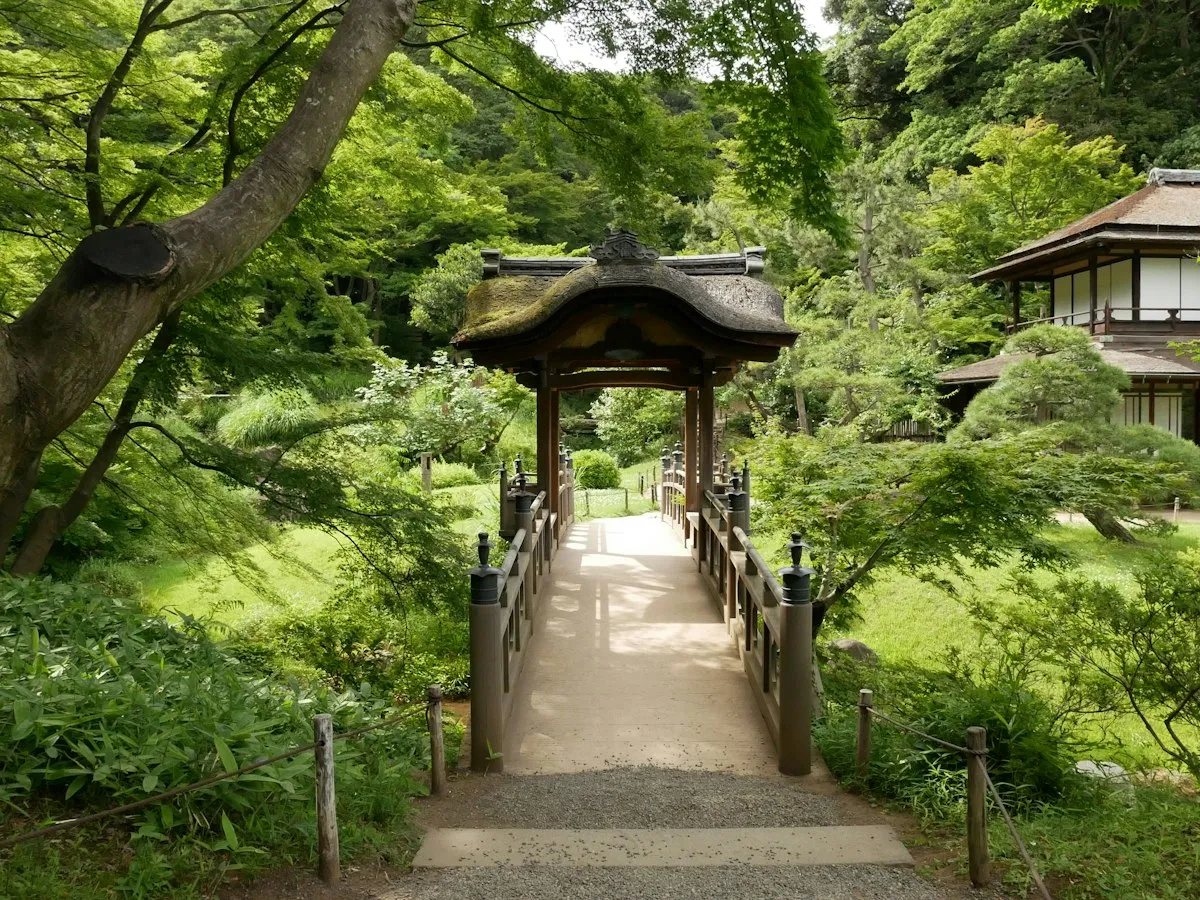 A covered wooden bridge in Sankeien Garden surrounded by fresh green trees